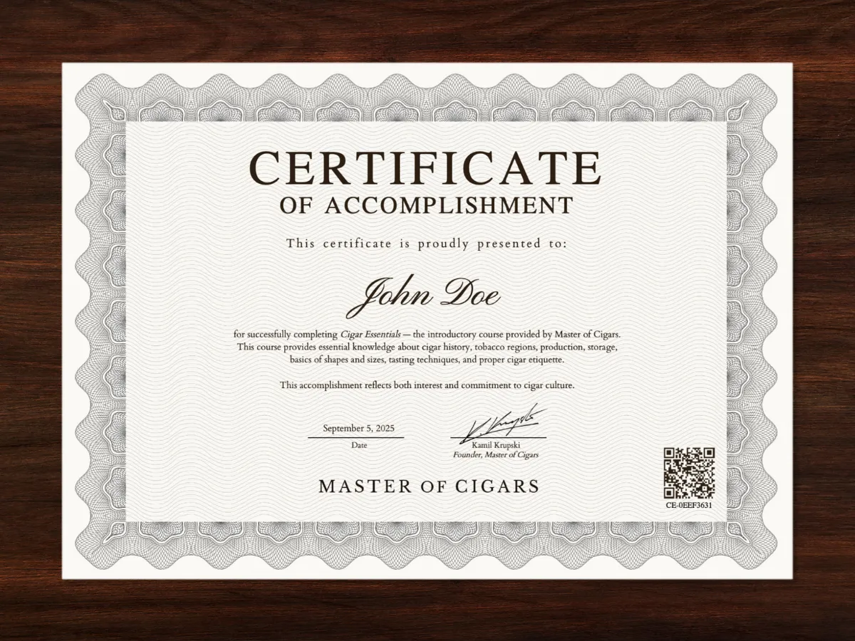 Certificate of Accomplishment with unique ID and QR code